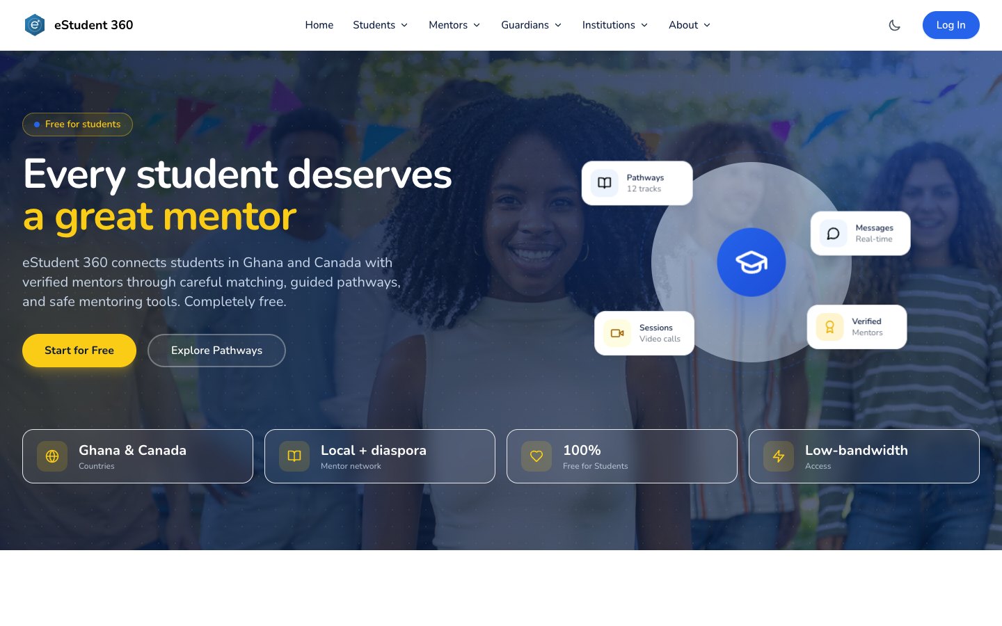 The eStudent360 home page, headed "Every student deserves a great mentor", offering free mentoring for students in Ghana and Canada.